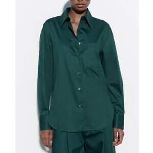Zara Asymmetric Poplin Button Up Long Sleeve Shirt in Duck Green